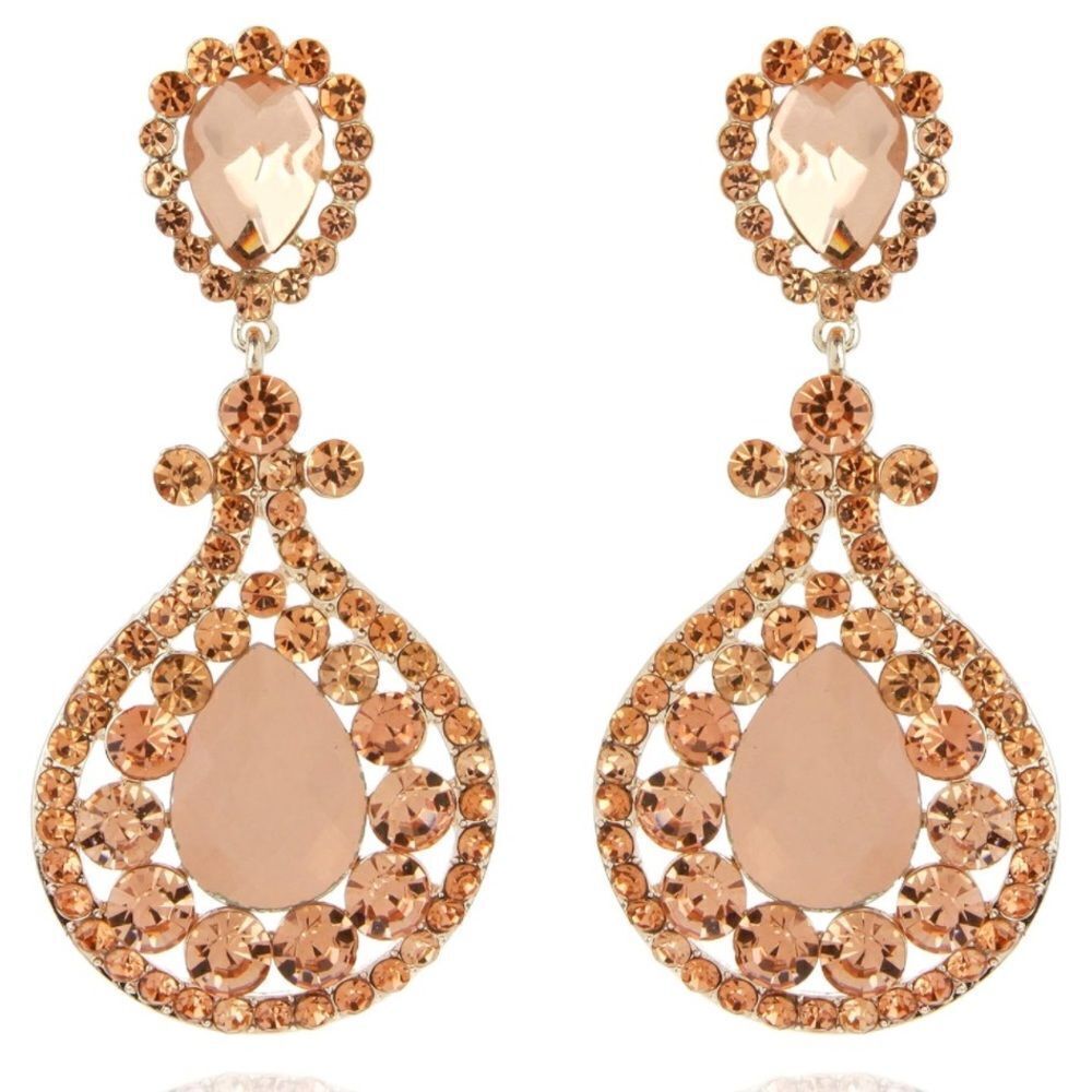 Yellow Gold with Peach Morganite Austrian Crystal Chandelier Clip On Earrings